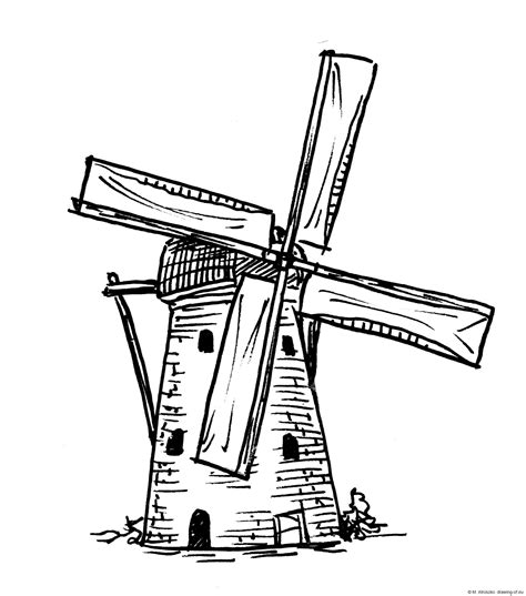 Drawing of Dutch windmill – Line art illustrations