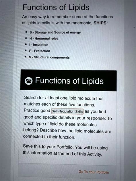 SOLVED: Functions of Lipids An easy way to remember some of the functions of lipids in cells is ...