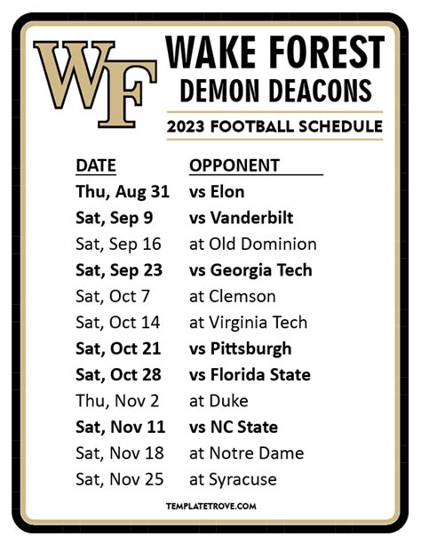 Printable 2023 Wake Forest Demon Deacons Football Schedule