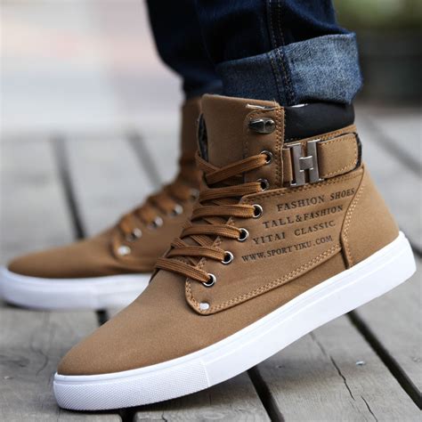 Mens Fashion Spring Autumn Leather Shoes Street Men's Casual Fashion High Top Shoes Canvas ...