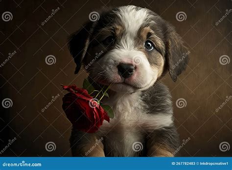 Cute Puppy Dog with Red Roses. Valentines Celebration Stock Image ...