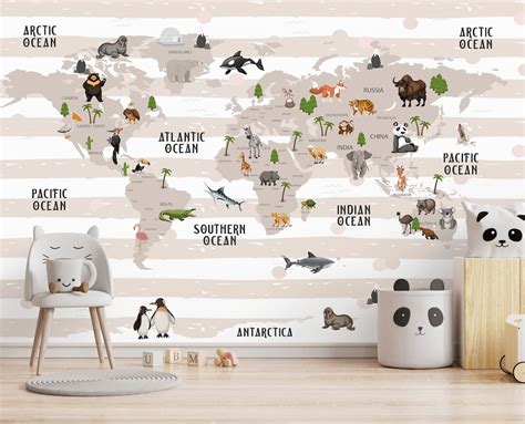 Kid World Wall Map With Animals and Fish Wallpaper for Kids - Etsy