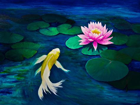 Yellow Butterfly Koi and a Pink Water Lily Painting by Lynne Albright - Fine Art America