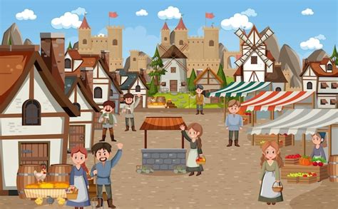 Premium Vector | Medieval town scene with villagers