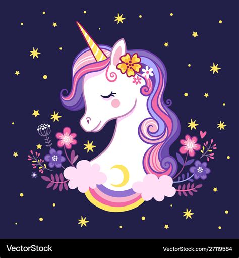 Cute unicorn on a purple background with stars and