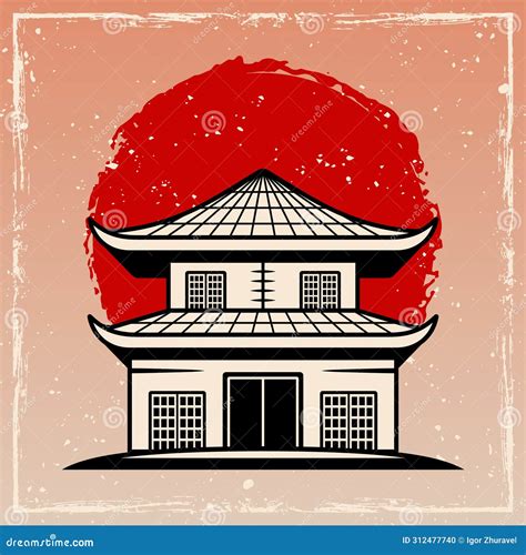 Japanese Traditional House Vintage Vector Colored Illustration in Retro Style with Grunge ...