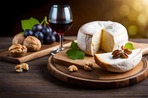 Premium AI Image | cheese and grapes on a wooden board with a glass of ...