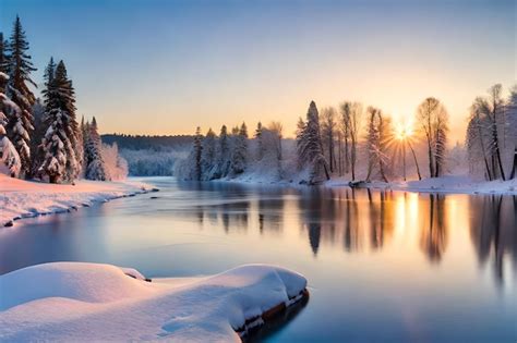 Premium Photo | A winter scene with a river and a snowy landscape