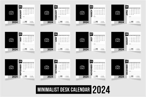 Minimalist Trendy Desk Calendar Design 2024. Set of 12 Pages Table Calendar. Black and White ...