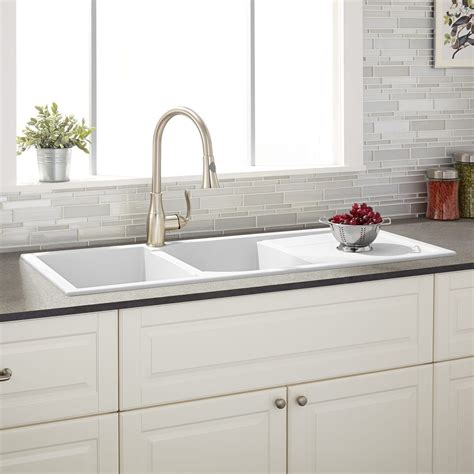 46" Tansi Double-Bowl Drop-In Sink with Drain Board - Cloud White