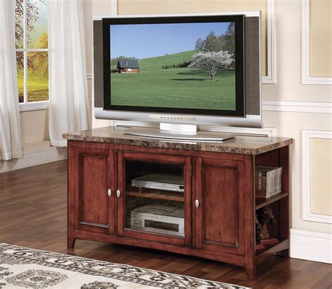 Distressed Cherry Finish Modern TV Stand w/Marble Top