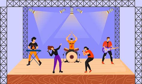 Rock band flat vector illustration. Music group with two vocalists performing at concert ...