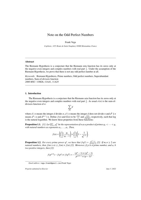 (PDF) Note on the Odd Perfect Numbers