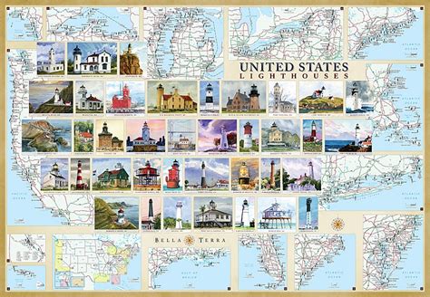 United States Lighthouses Illustrated Map & Guide | Bella Terra Maps