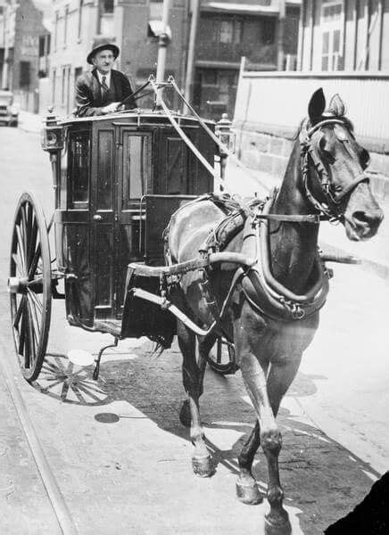 The last horse-drawn hansom cab in Sydney in 1937.The man is possibly Mr J. Connor and the horse ...