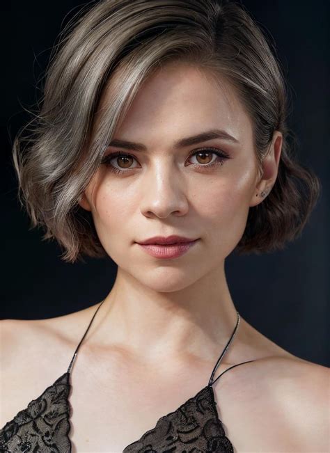 a woman with short hair wearing a halter top and black lace necklace, looking at the camera