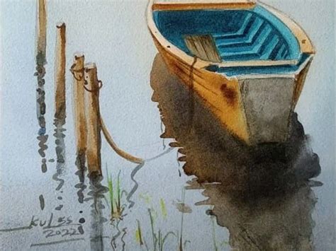 Blue Boat Painting | Water Color Painting | With Frame | Kulwinder Singh | Exotic India Art