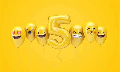 Number 5 Yellow Birthday Emoji Faces Balloons. 3D Render Stock ...