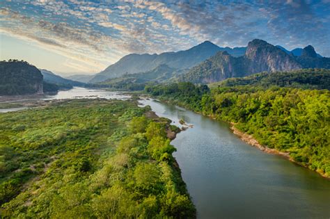 Mekong River In Laos Luang Prabang Pak Ou Drone View Stock Photo - Download Image Now - iStock