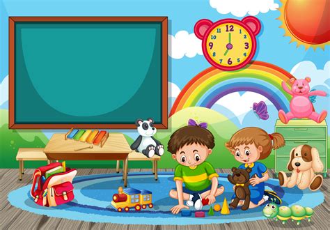 Kindergarten school scene with two children playing toys in the room ...