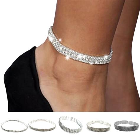 Women Ankle Bracelet Stretch Multi Rows Anklet Chain Diamante Rhinestones Jewelry Gifts KQS8-in ...