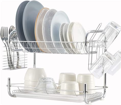 2-Tier Dish Drainer Rack Holder Stainless Steel Kitchen Rack Sink Dish ...