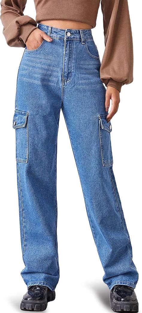 MUMUBREAL Women's High Waist Baggy Jeans Flap Pocket Side Relaxed Fit ...