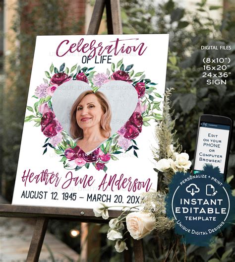 Celebration of Life Poster, Editable Funeral Memory Board Personalize