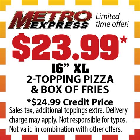 Carryout Specials | Coupon Deals | Low Prices | Metro Express Pizza