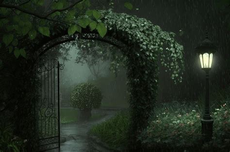 Premium AI Image | Serene garden scene on a rainy night illuminated by ...