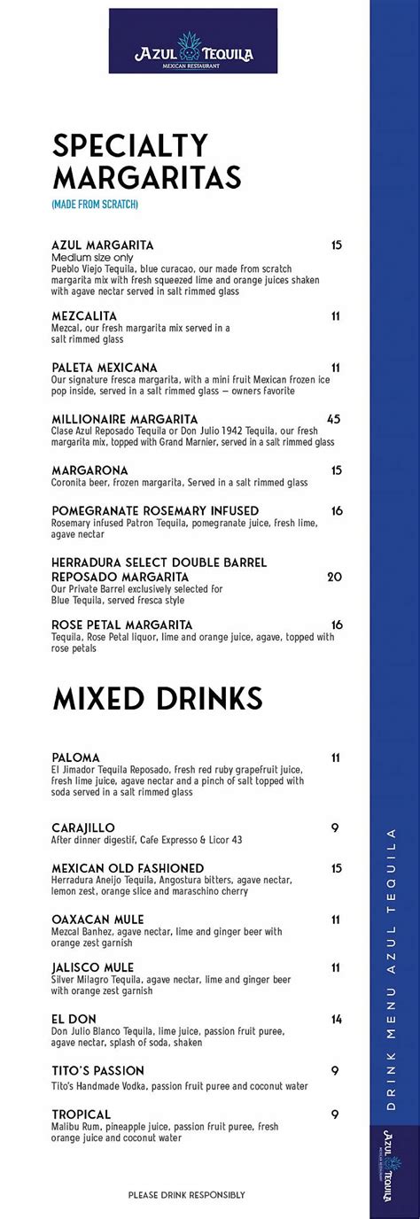 Menu at Azul Tequila pub & bar, Ocala