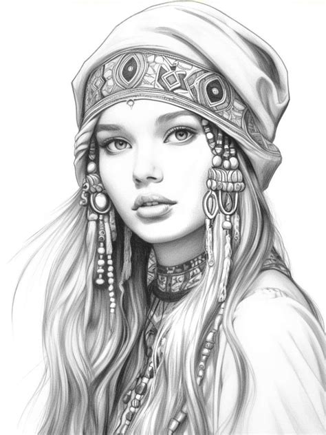 a pencil drawing of a woman with long hair and jewelry on her head, wearing a hat