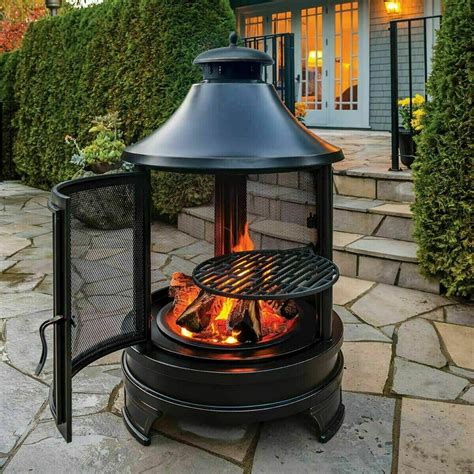 Rustic Outdoor Fireplace Chiminea with Cooking Grill