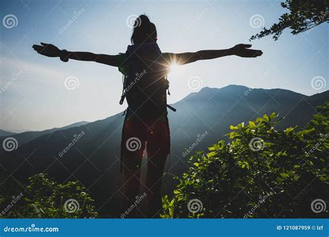 Hiker Hiking on Summer Sunrise Mountain Top Stock Image - Image of ...