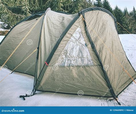 Camping on Snow. Tent Built in the Fresh Snow Stock Photo - Image of ...