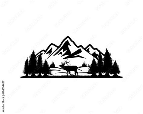 Beautiful Deer Animal on the Park Pine Tree with Mountain Silhouette ...