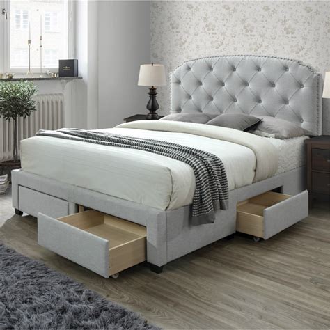 DG Casa Argo Tufted Upholstered Panel Bed Frame with Storage Drawers and Nailhead Trim Headboard ...