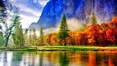 Green Yellow Autumn Leafed Trees In Front Of River In Mountains ...