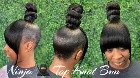 How to do a top knot bun with Quickweave bangs - YouTube