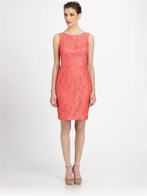 Theia Lace Dress in Red (salmon) | Lyst