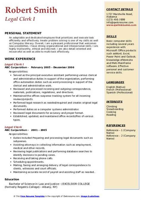 Legal Clerk Resume Samples | QwikResume