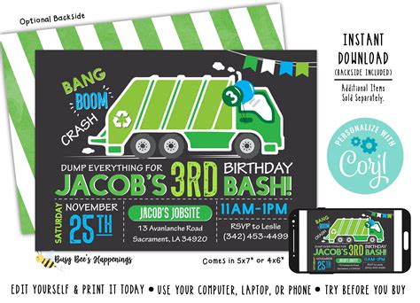 Garbage Truck Invitation Garbage Truck Birthday Invitation | Etsy