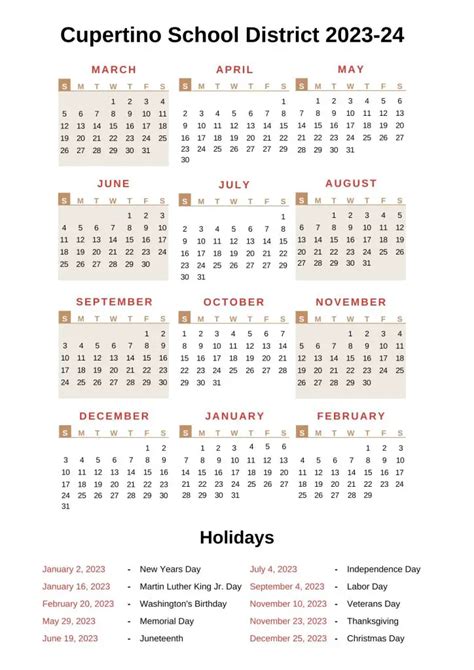 Cupertino School District Calendar 2023-24 With Holidays