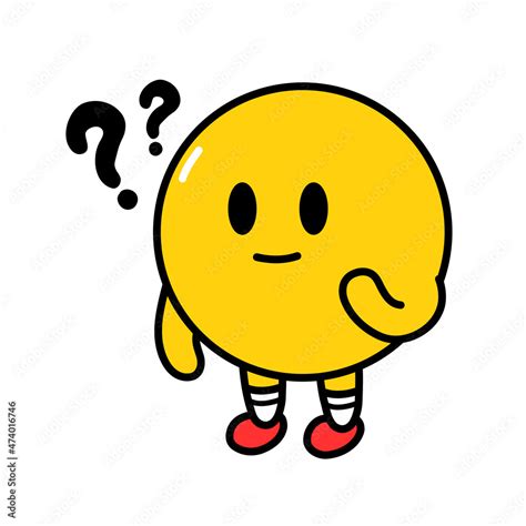 Cute funny think emoji smile face with question mark. Vector flat line ...