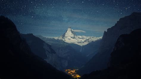 snow, Winter, Lights, Night, Stars, Landscape, Mountain, Matterhorn ...