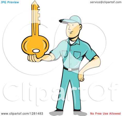 Clipart of a Cartoon Caucasian Male Locksmith Holding a Giant Gold Key - Royalty Free Vector ...