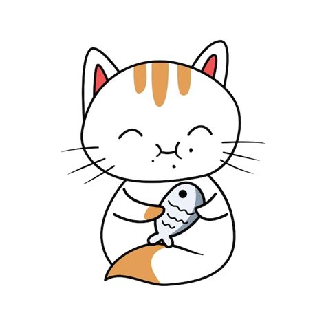 Premium Vector | Cute cat holding fish cartoon icon illustration