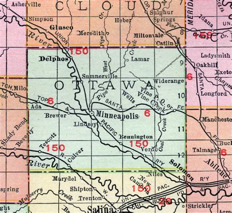 Ottawa County, Kansas, 1911, Map, Minneapolis, Delphos, Tescott