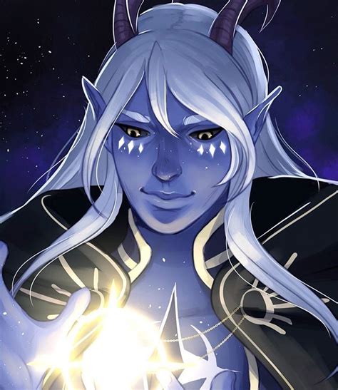 a woman with white hair and horns holding a glowing ball in her right ...