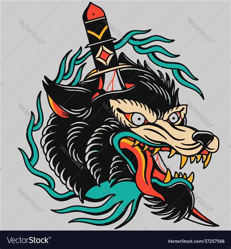 Wolf with sword tattoo design Royalty Free Vector Image